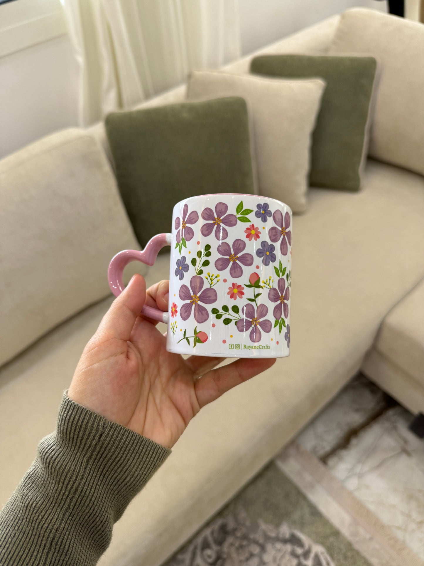 Blossom Bliss Floral Personalized Mug - Pink Heart Handle