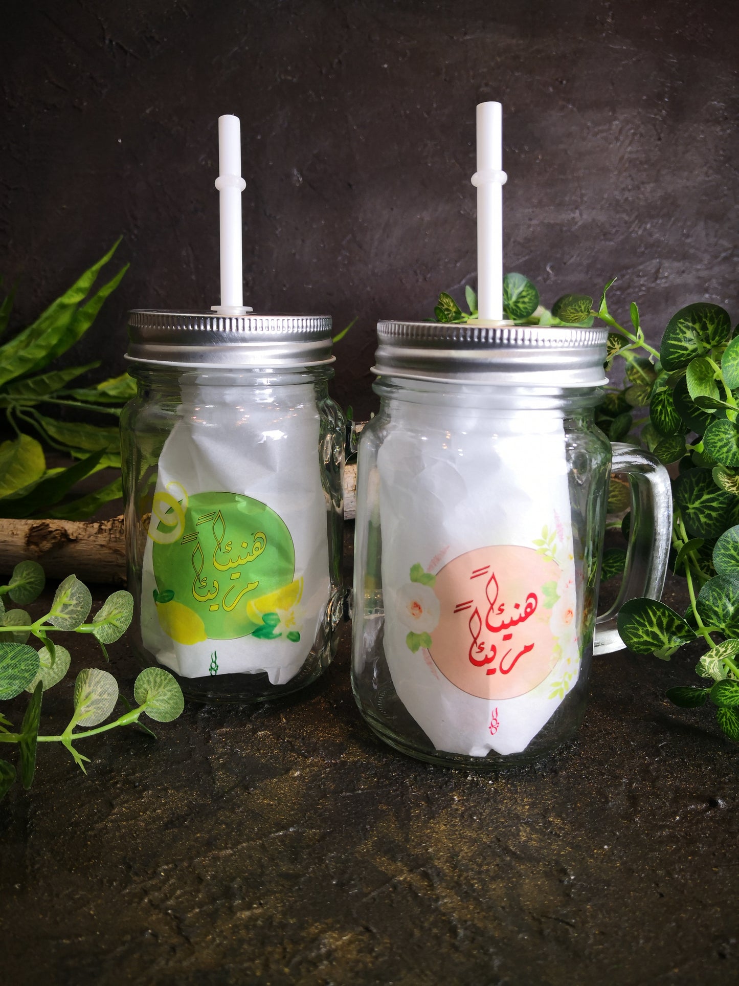 Glass cup with straw and lid
