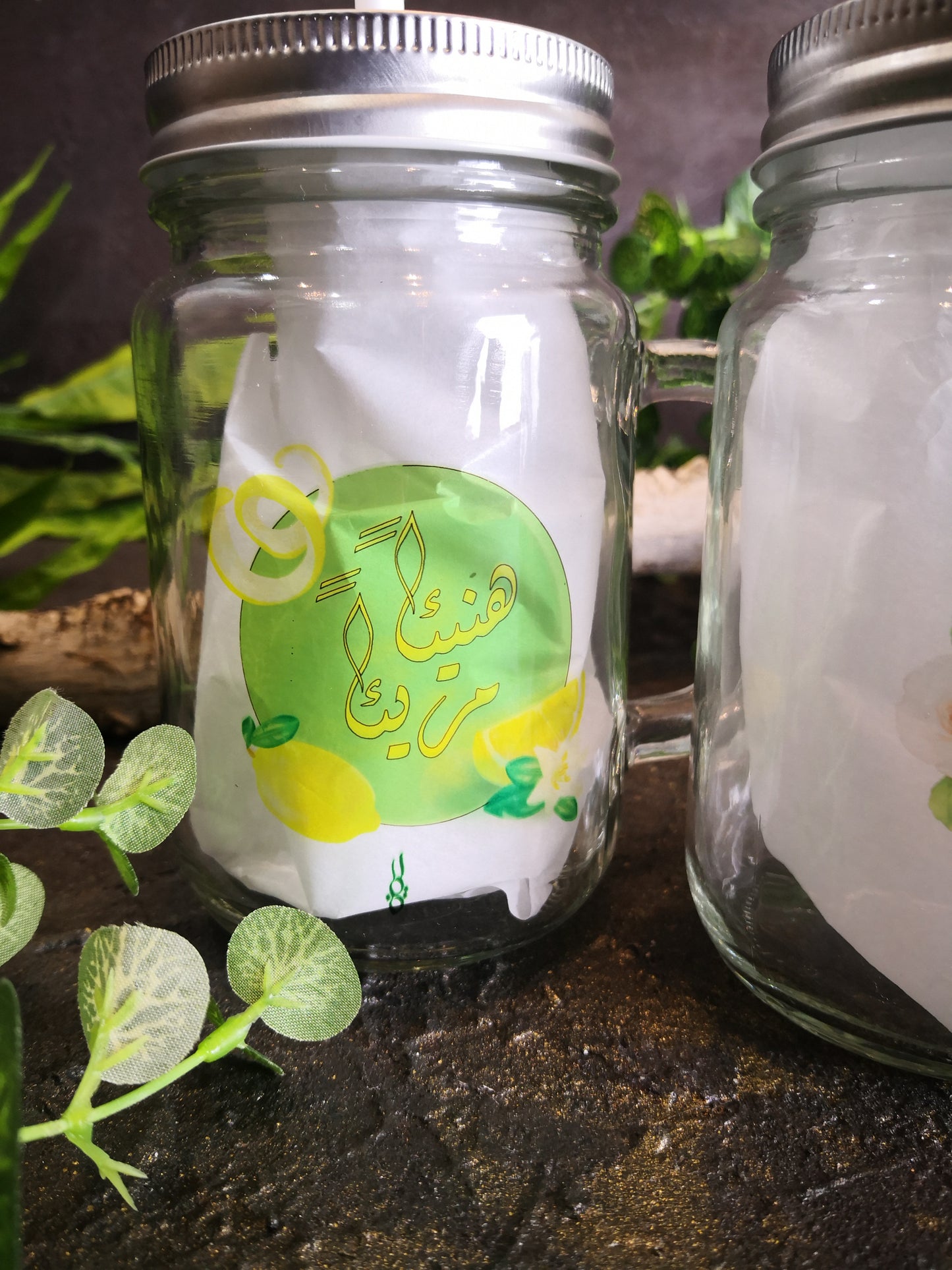 Glass cup with straw and lid